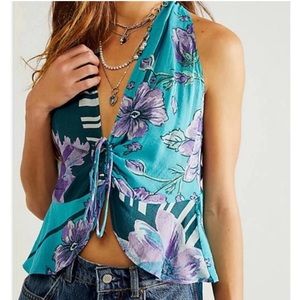 Free People Boho Turquoise and Purple Floral Halter Top